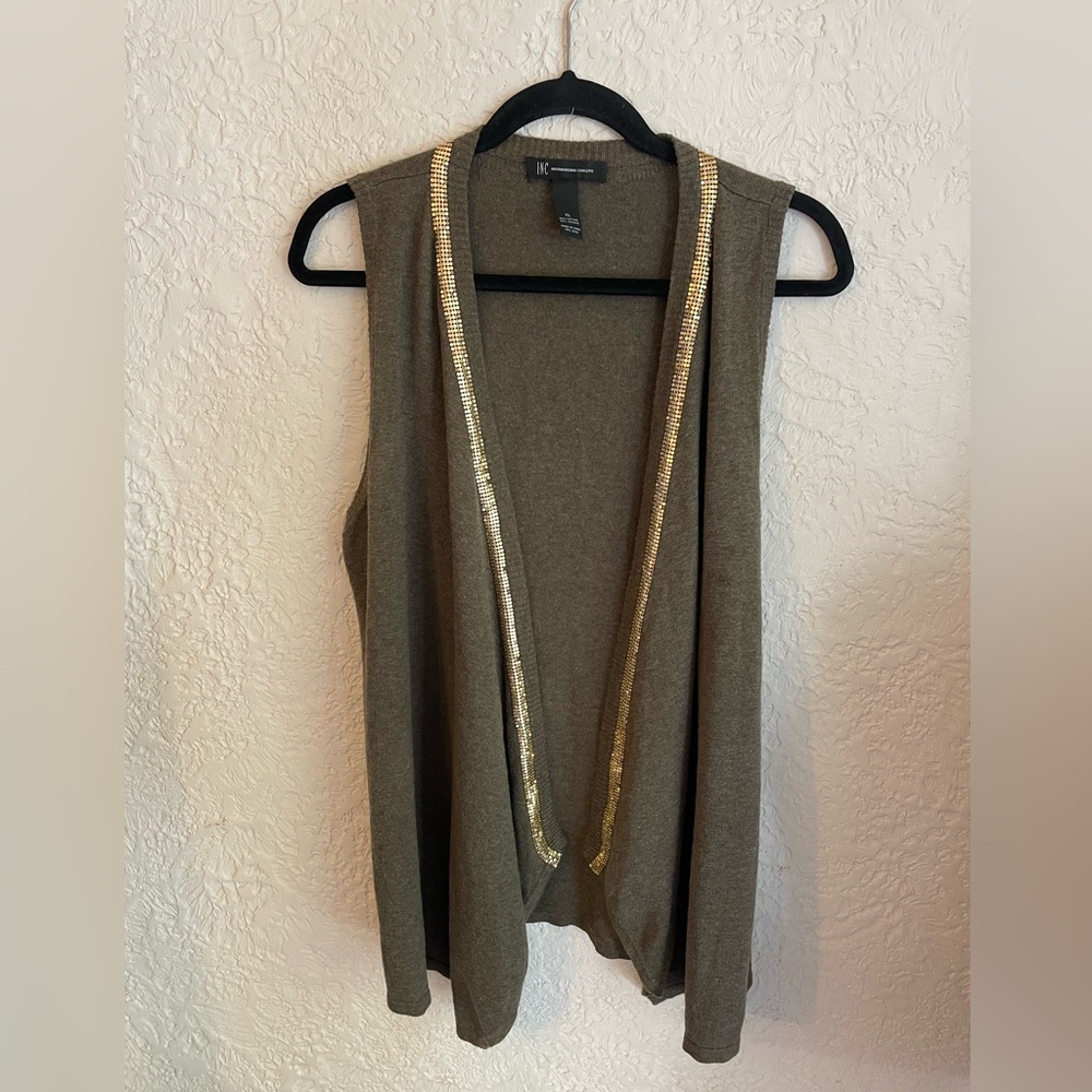 INC Gold Trimmed Olive Green Sleeveless Open Cardigan Vest